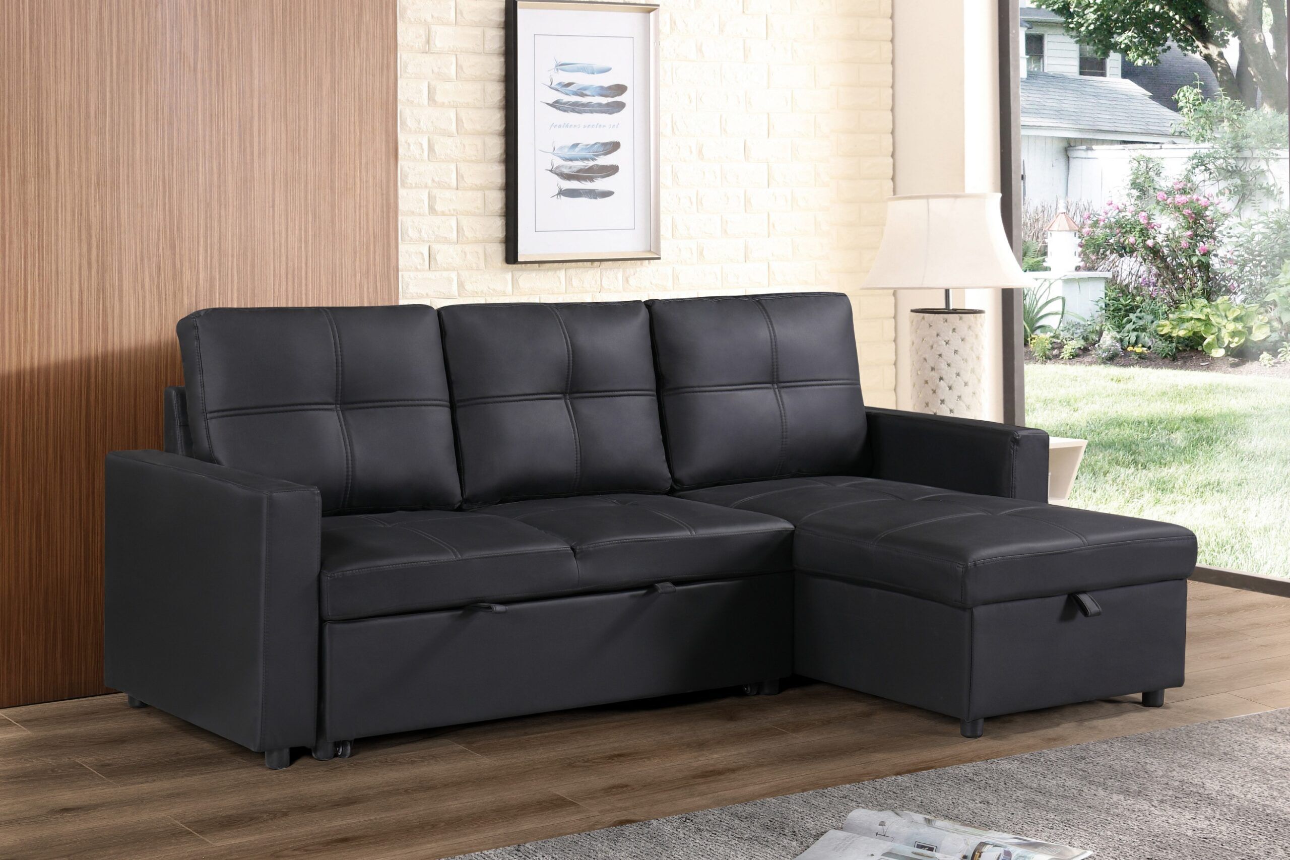 BT-2046 Black (1) right chaise_resized_20240115_113555832 Newport Leather 3 Seater Pullout Sofa Bed in Black with Storage Compartment