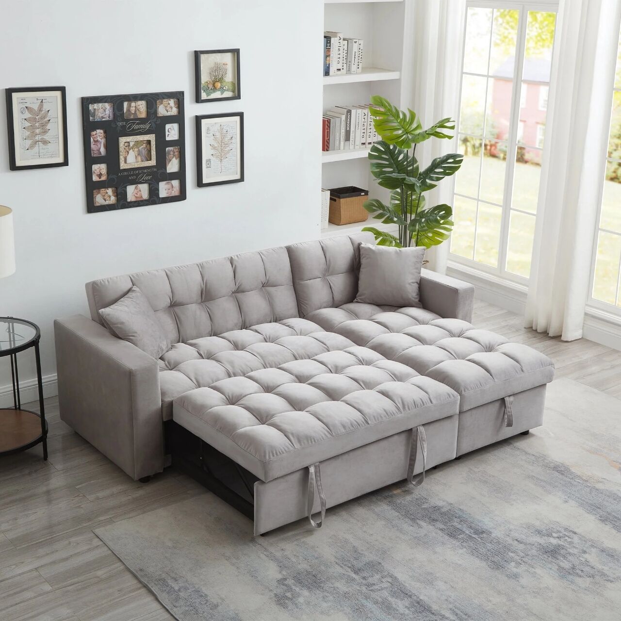 Madrid Velvet 3 Seater Pullout Sofa Bed in Grey with Reversible Storage Chaise 2 Madrid Velvet 3 Seater Pullout Sofa Bed in Grey with Reversible Storage Chaise