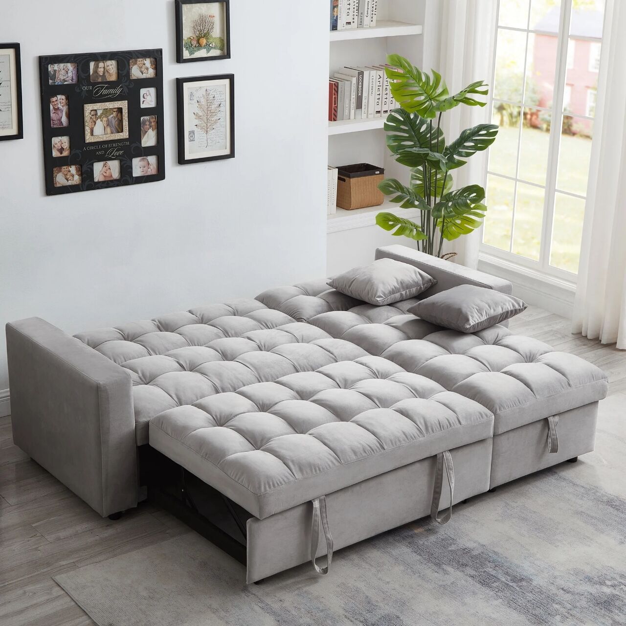 Madrid Velvet 3 Seater Pullout Sofa Bed in Grey with Reversible Storage Chaise 3 Madrid Velvet 3 Seater Pullout Sofa Bed in Grey with Reversible Storage Chaise