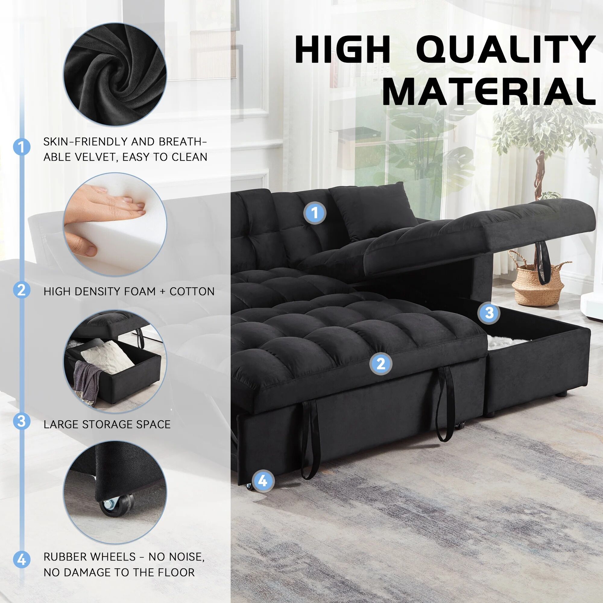 Madrid Velvet 3 Seater Pullout Sofa Bed in Black with Reversible Storage Chaise 5 Madrid Velvet 3 Seater Pullout Sofa Bed in Black with Reversible Storage Chaise