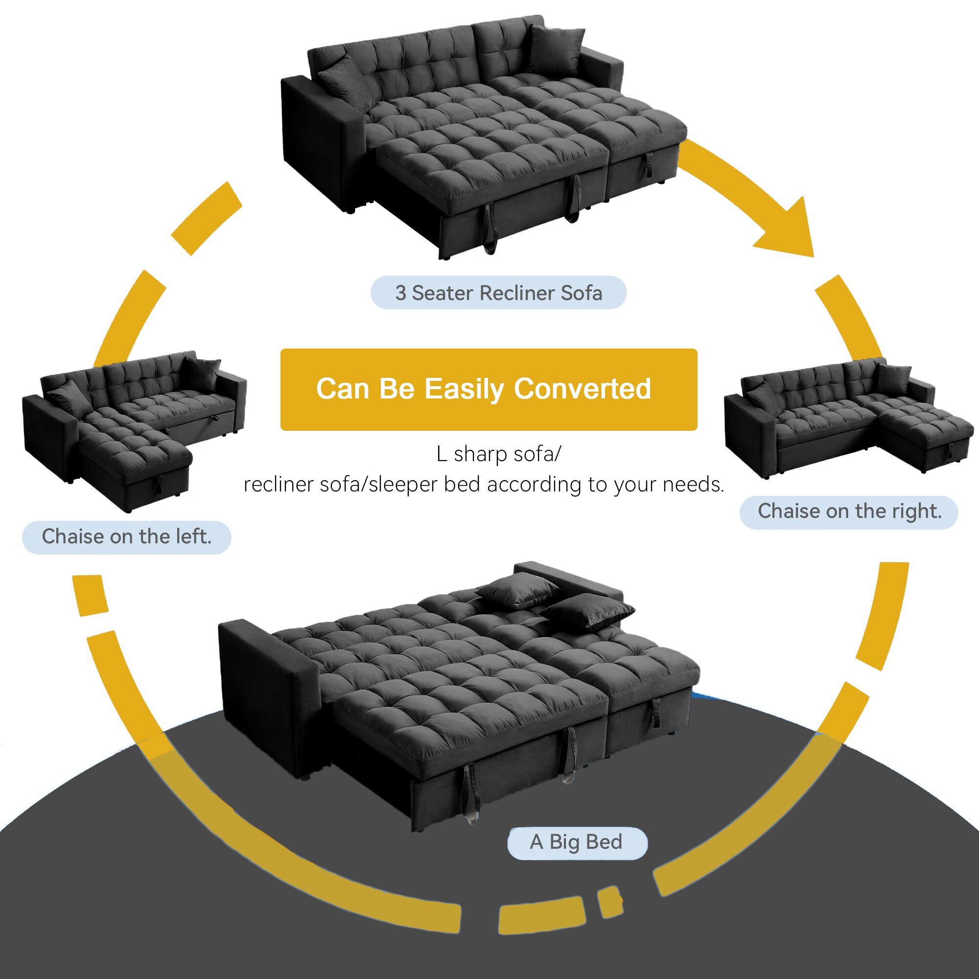 Madrid Velvet 3 Seater Pullout Sofa Bed in Black with Reversible Storage Chaise 6 Madrid Velvet 3 Seater Pullout Sofa Bed in Black with Reversible Storage Chaise