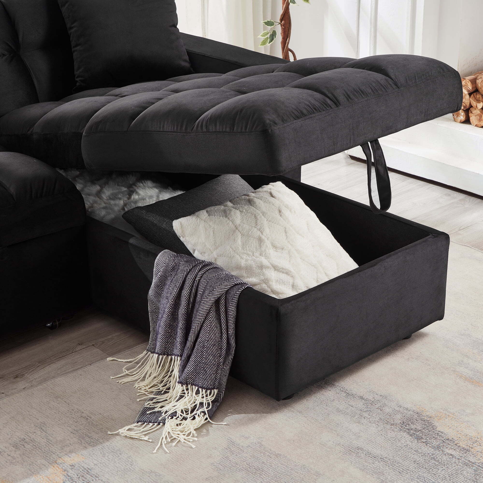 Madrid Velvet 3 Seater Pullout Sofa Bed in Black with Reversible Storage Chaise 3 Madrid Velvet 3 Seater Pullout Sofa Bed in Black with Reversible Storage Chaise