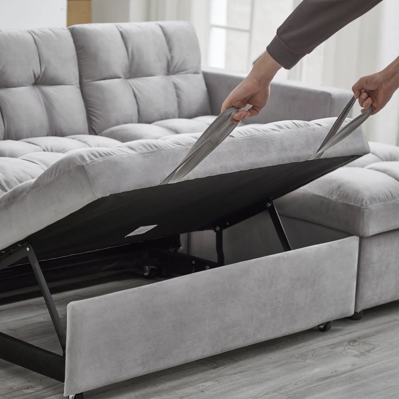 Madrid Velvet 3 Seater Pullout Sofa Bed in Grey with Reversible Storage Chaise 5 Madrid Velvet 3 Seater Pullout Sofa Bed in Grey with Reversible Storage Chaise