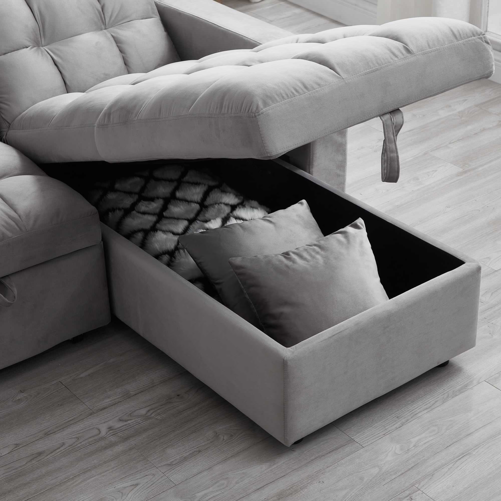 Madrid Velvet 3 Seater Pullout Sofa Bed in Grey with Reversible Storage Chaise 4 Madrid Velvet 3 Seater Pullout Sofa Bed in Grey with Reversible Storage Chaise